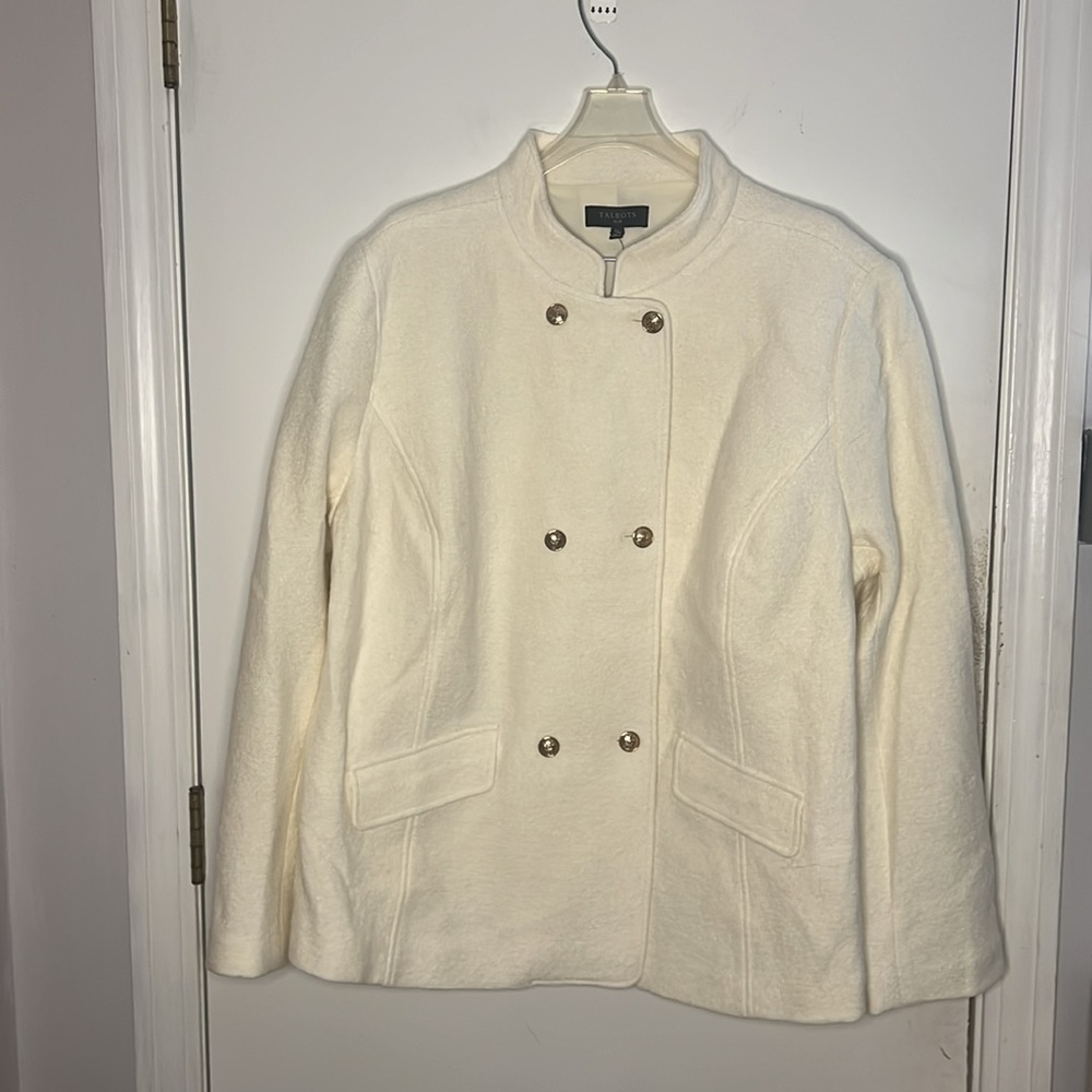 Talbots 22w Cream Boiled Wool Blend Double Breasted Military Blazer Coat NWT